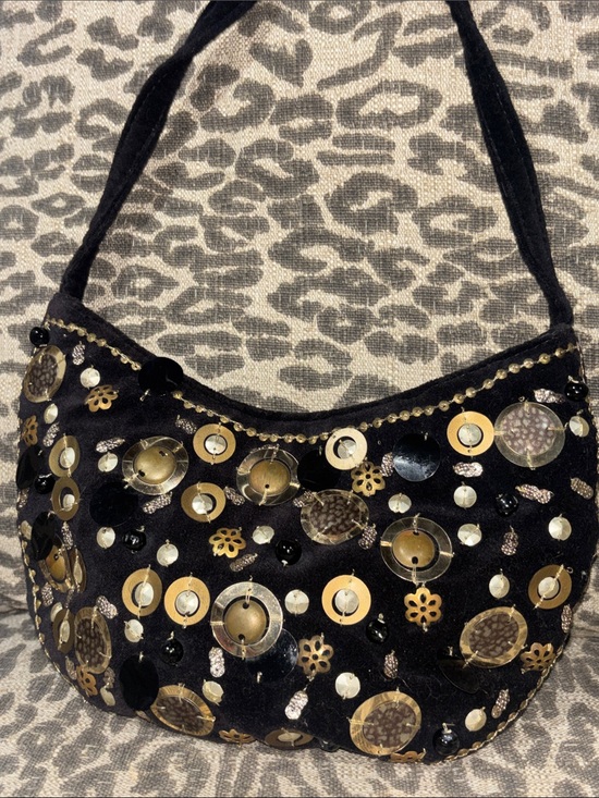 Handbags - Beaded evening bag black velvet small shoulder bag sequin mixed metallic dressy